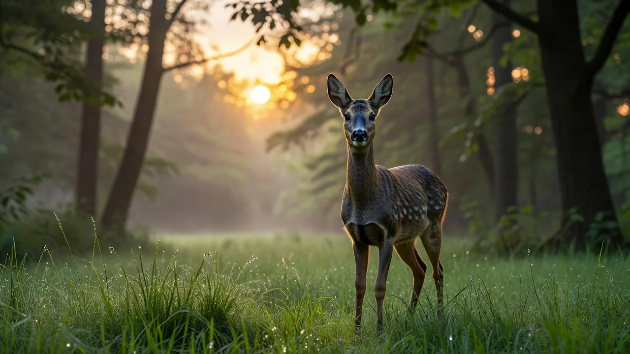 A misty meadow at first light with white-tailed deer grazing near a treeline while songbirds fill the branches above