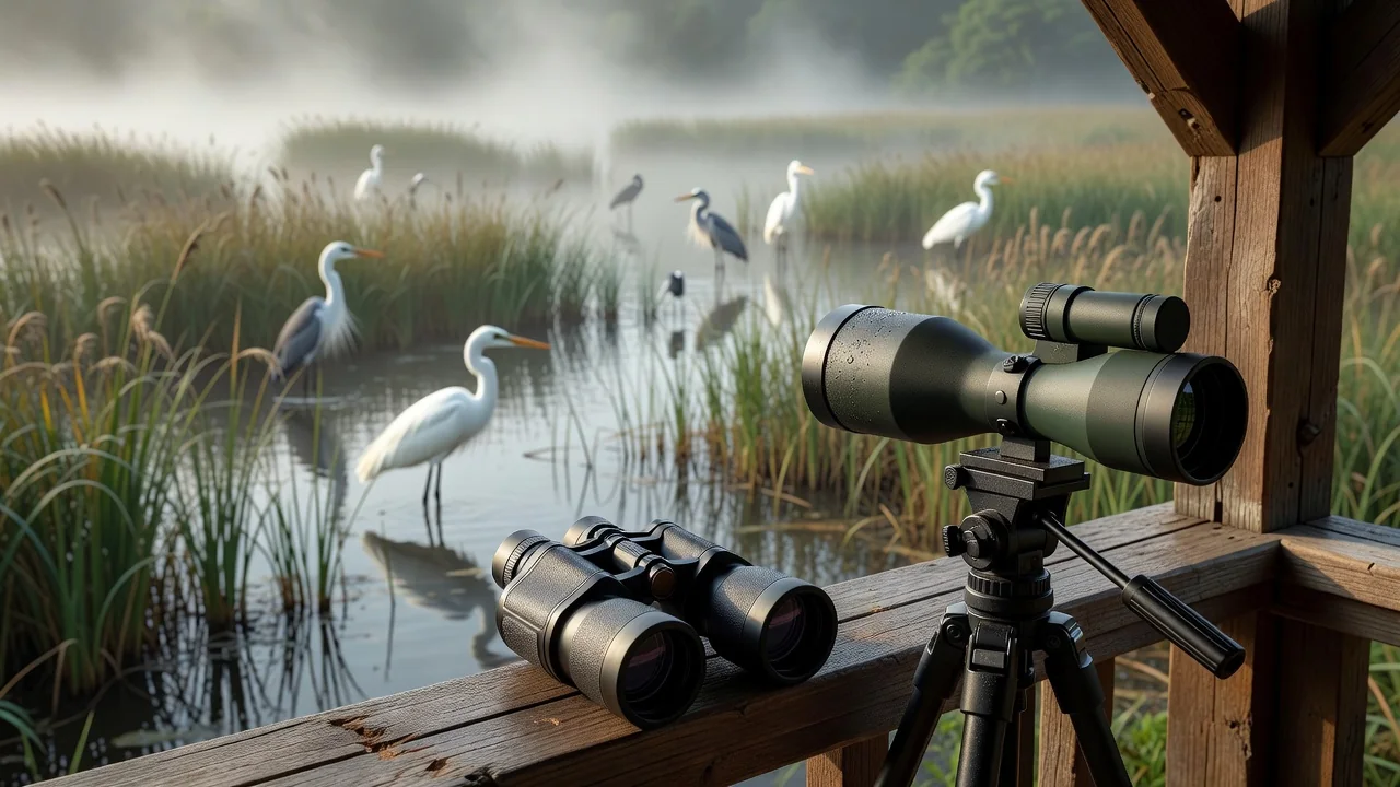 Birder in a misty Pacific Northwest forest holding 8x42 binoculars and a compact spotting scope while scanning for marbled murrelets at dawn