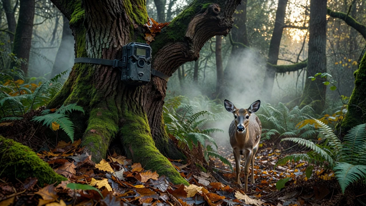 A camouflaged trail camera mounted on a wooden post at dusk, overlooking a narrow animal path between tall grass and a garden pond with visible infrared flash unit