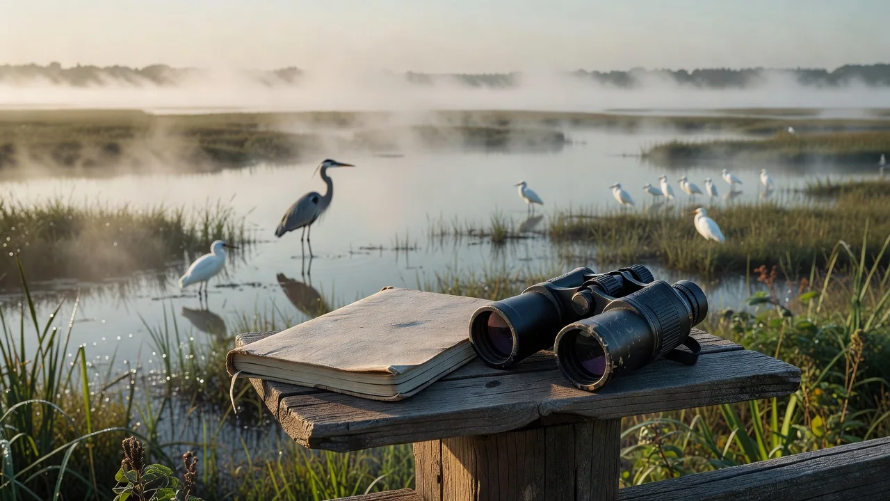 An open field notebook and a pair of binoculars resting on a wooden viewing platform overlooking a misty marsh where white egrets stand among reeds