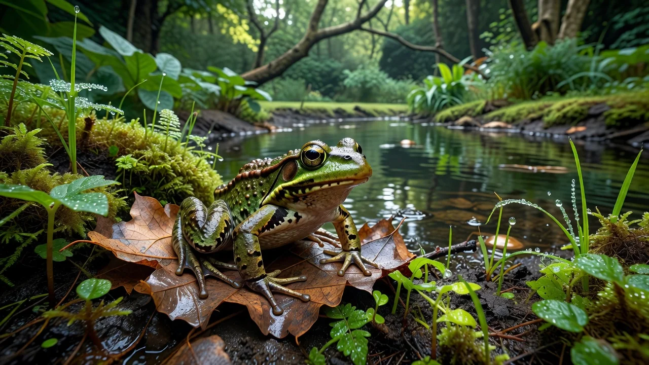 A green and brown spotted frog sitting on a leaf at the edge of a small forest pond surrounded by ferns and moss in soft morning light