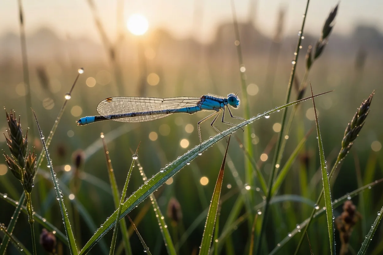 Close-up of a dew-covered common blue damselfly perched on a reed stem at dawn, showing iridescent wings and compound eyes in sharp detail against soft overcast light