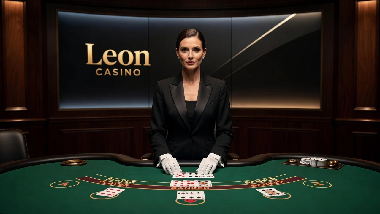 Leon Casino live baccarat with a dealer and cards on green felt