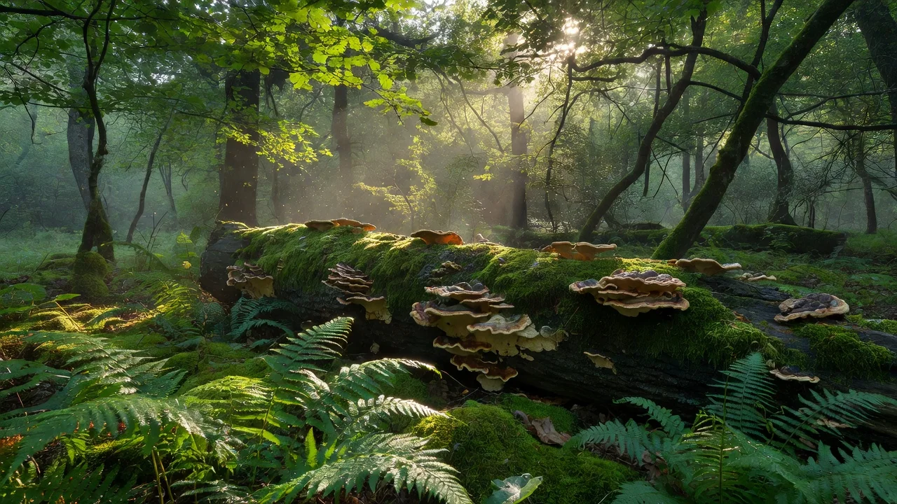 Naturalist standing motionless in layered deciduous woodland observing birds in the canopy and insects on a fallen log
