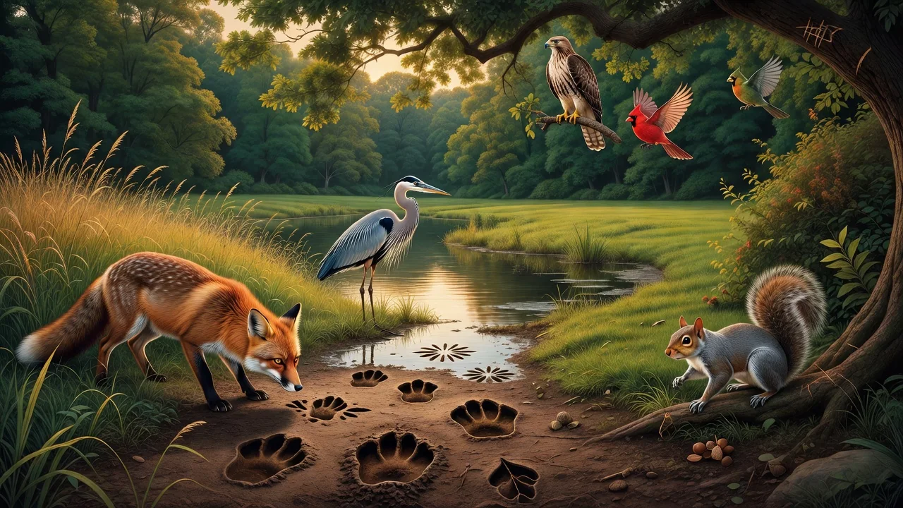 A naturalist kneeling beside fresh deer tracks in wet mud, measuring stride with a small ruler while a notebook lies open nearby