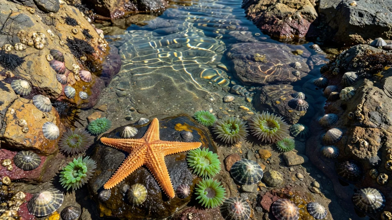 A diverse rocky shore tide pool at low tide showing beadlet anemones, limpets, barnacles, and small shore crabs in clear water with kelp visible at the edge