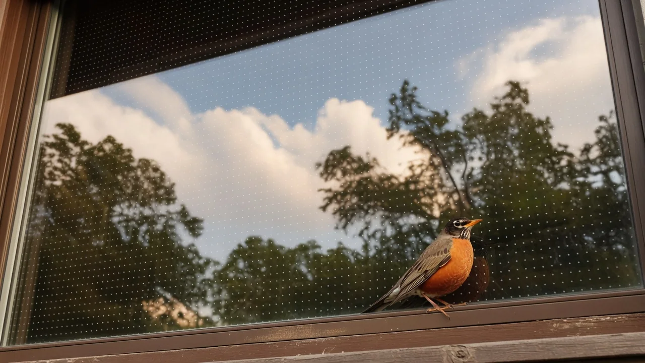 An American robin perched safely on a wooden windowsill in front of a window fitted with a protective mesh screen, trees reflected in the glass