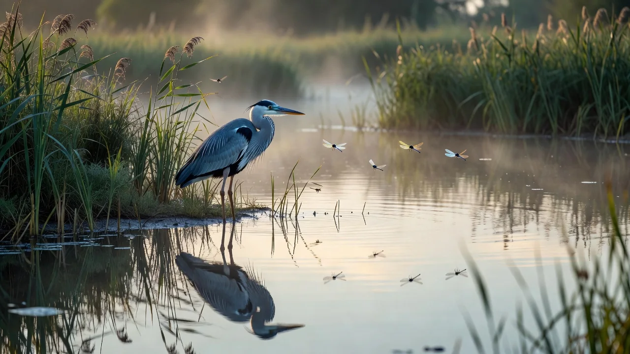 Grey heron standing motionless at the edge of a misty reed-fringed marsh at dawn