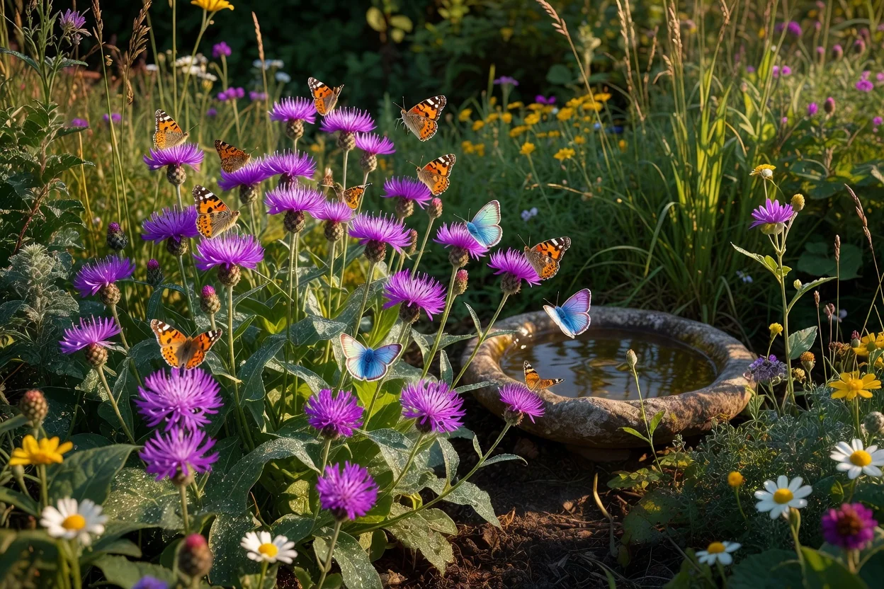 lush backyard garden corner filled with native coneflowers, milkweed, standing stems, a shallow stone water dish, and a small brush pile